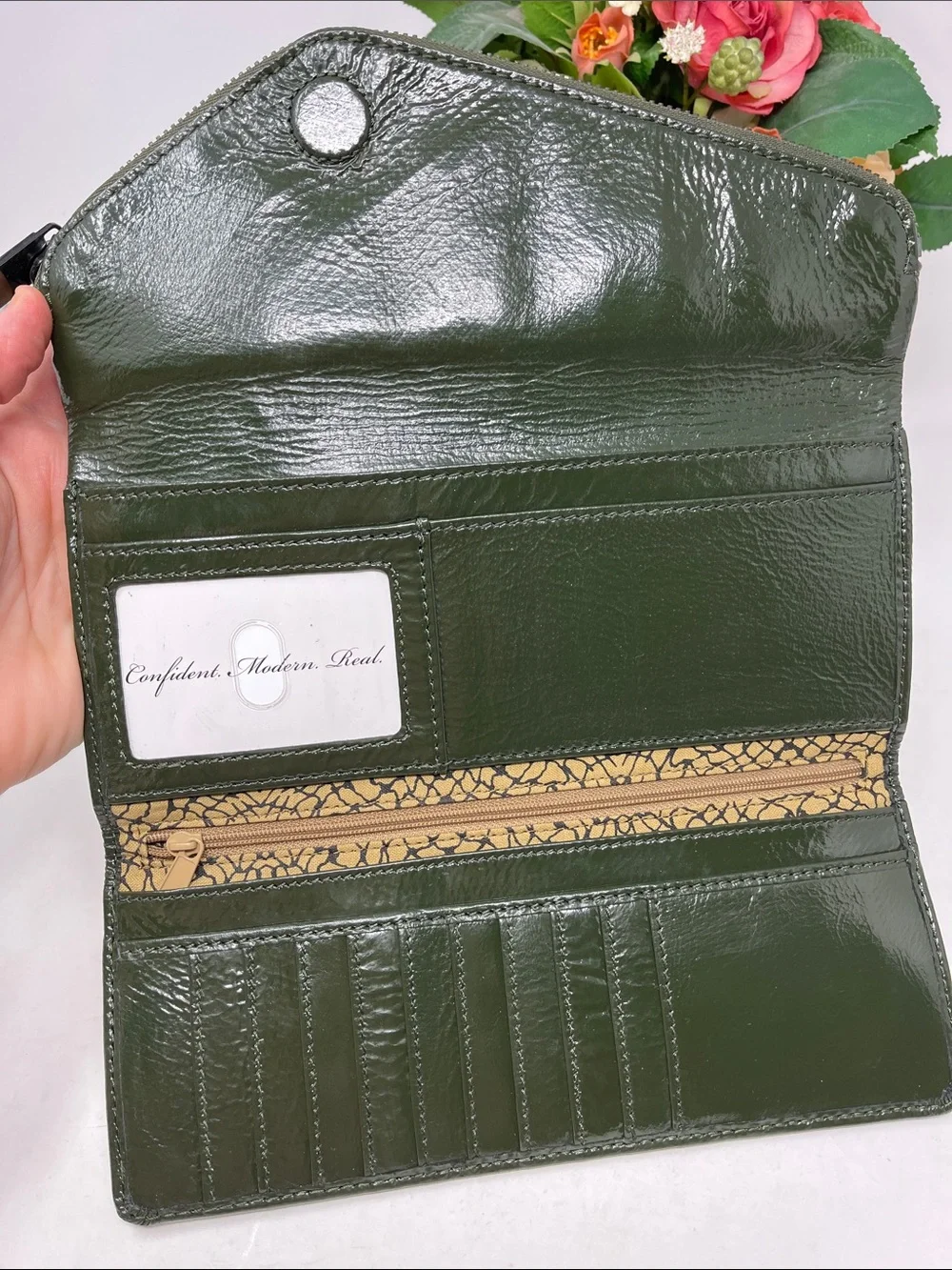 HOBO INTERNATIONAL CLUTCH WALLET ASYMMETRICAL ZIPPER PATENT LEATHER FOREST GREEN